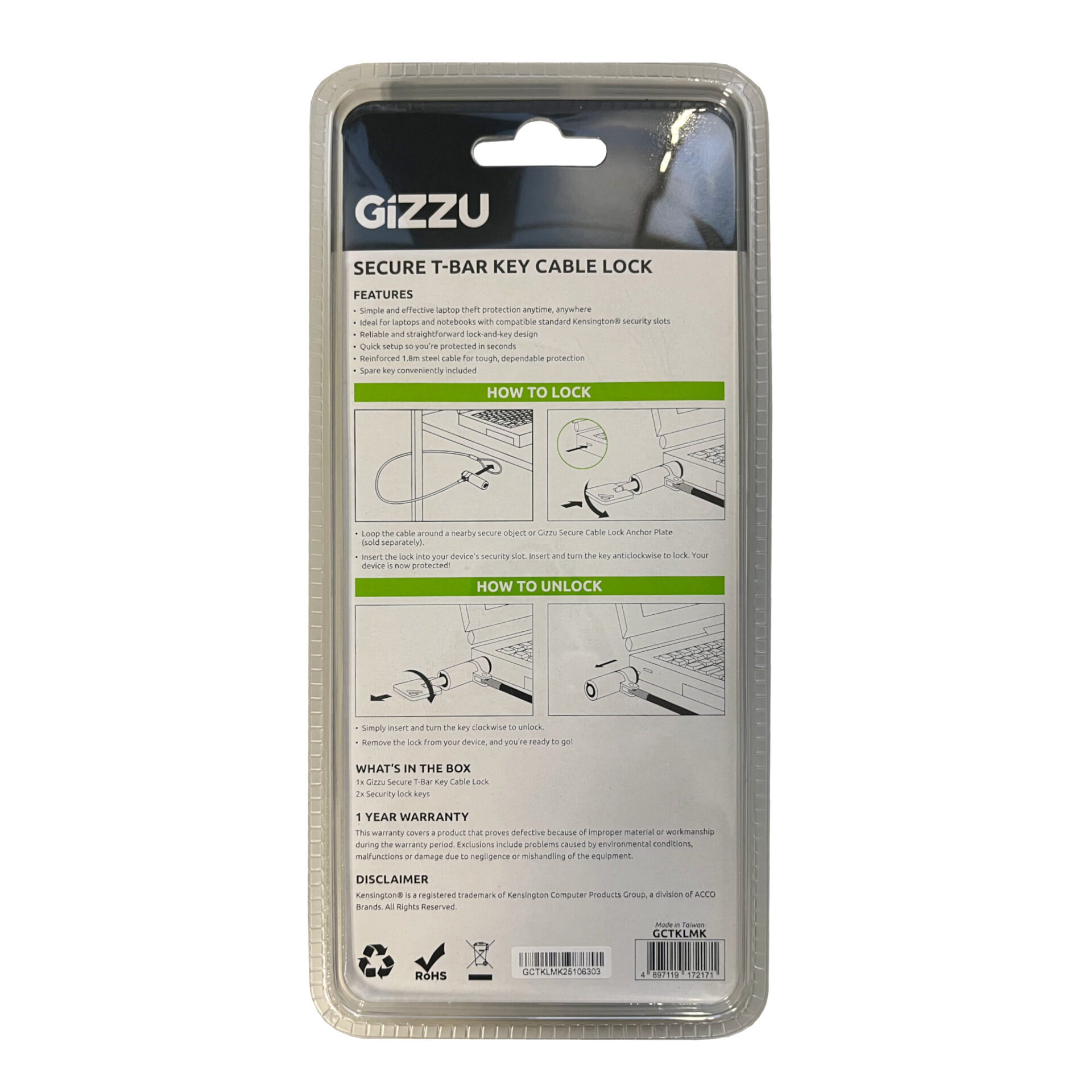 セキュリティ・セーフティ kenzi 1.8m T-Bar Laptop Cable Lock Master Key Compatible - Gizzu